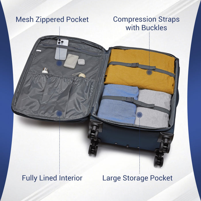 KSB2582 - British Traveller 24-Inch Expandable Softshell Suitcase with TSA Lock, Silent Spinner Wheels & Laptop Compartment - Navy