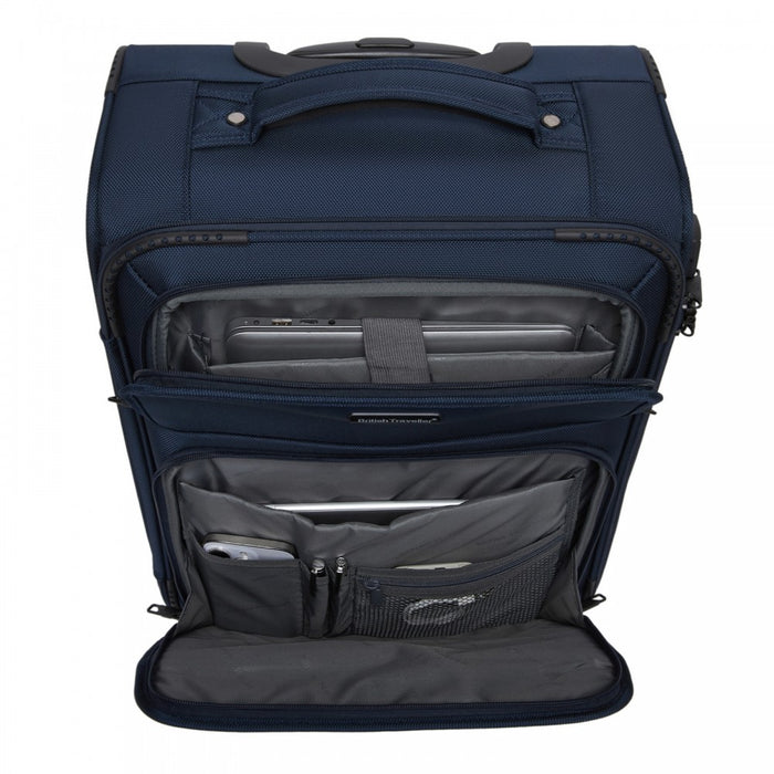 KSB2582 - British Traveller 20-Inch Durable Softshell Suitcase with Front Laptop Compartment, TSA Lock & Silent Spinner Wheels - Navy