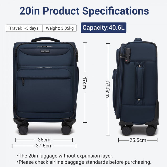 KSB2582 - British Traveller 20-Inch Durable Softshell Suitcase with Front Laptop Compartment, TSA Lock & Silent Spinner Wheels - Navy