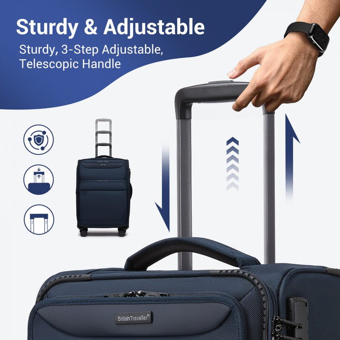 KSB2582 - British Traveller 20-Inch Durable Softshell Suitcase with Front Laptop Compartment, TSA Lock & Silent Spinner Wheels - Navy