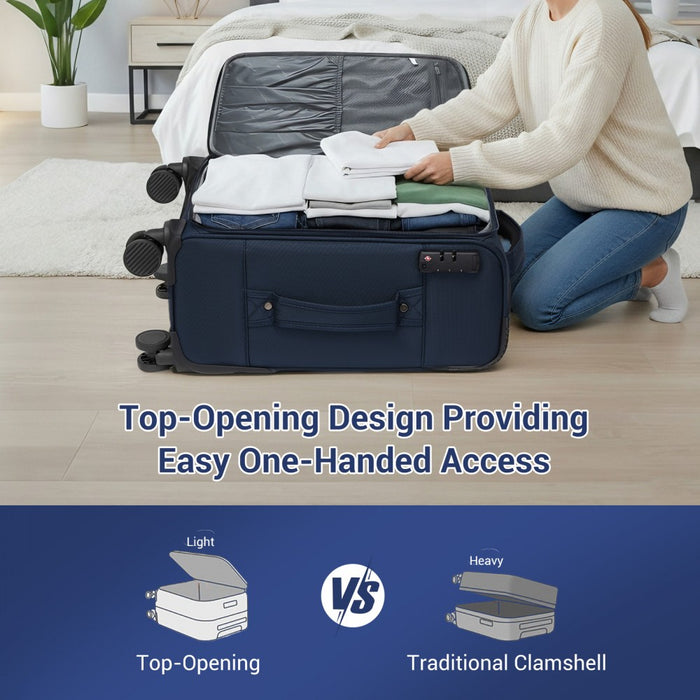 KSB2582 - British Traveller 20-Inch Durable Softshell Suitcase with Front Laptop Compartment, TSA Lock & Silent Spinner Wheels - Navy