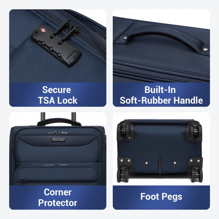 KSB2582 - British Traveller 24-Inch Expandable Softshell Suitcase with TSA Lock, Silent Spinner Wheels & Laptop Compartment - Navy