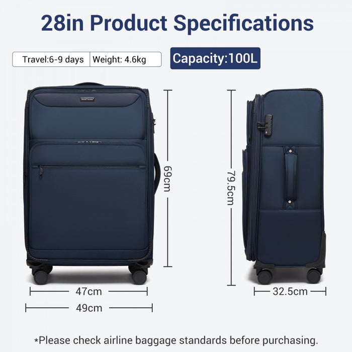 KSB2582 - British Traveller 28-Inch Large Expandable Softshell Suitcase with TSA Lock, Silent Spinner Wheels & Laptop Compartment - Navy