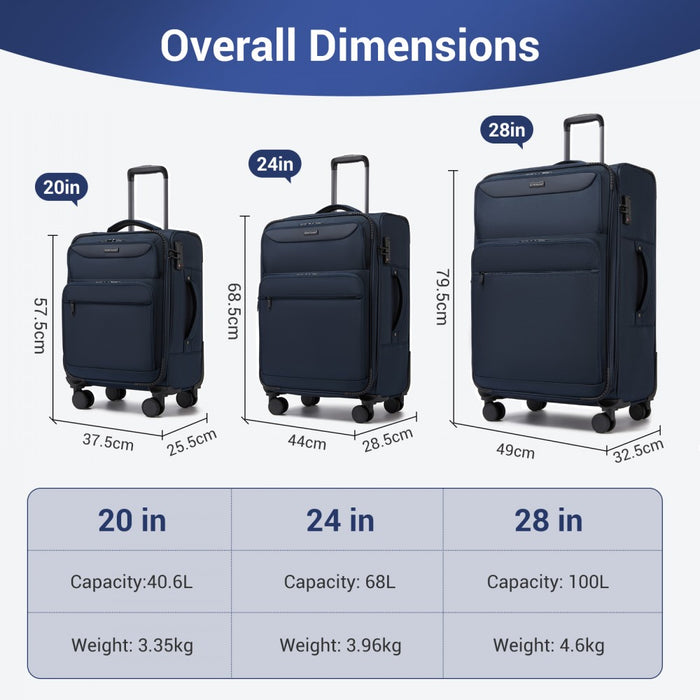 KSB2582 - British Traveller Durable Softshell Suitcase 3-Piece Luggage Set (20/24/28 Inch) with Laptop Compartment - Navy