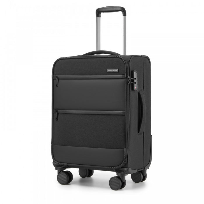 KSB2597 - British Traveller Sleek Tough 20 Inch Travel Soft-Shell Suitcase with Silent TPE Spinners, TSA Security and Laptop Sleeve - Black