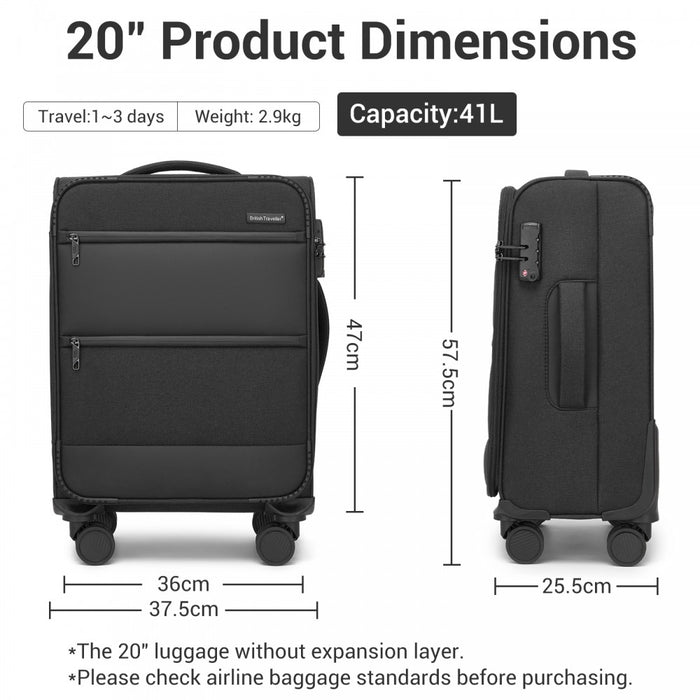KSB2597 - British Traveller Sleek Tough 20 Inch Travel Soft-Shell Suitcase with Silent TPE Spinners, TSA Security and Laptop Sleeve - Black