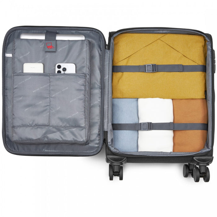 KSB2597 - British Traveller Sleek Tough 20 Inch Travel Soft-Shell Suitcase with Silent TPE Spinners, TSA Security and Laptop Sleeve - Black