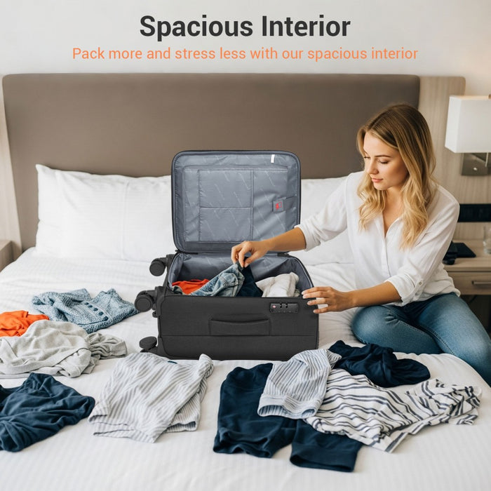 KSB2597 - British Traveller Sleek Tough 20 Inch Travel Soft-Shell Suitcase with Silent TPE Spinners, TSA Security and Laptop Sleeve - Black