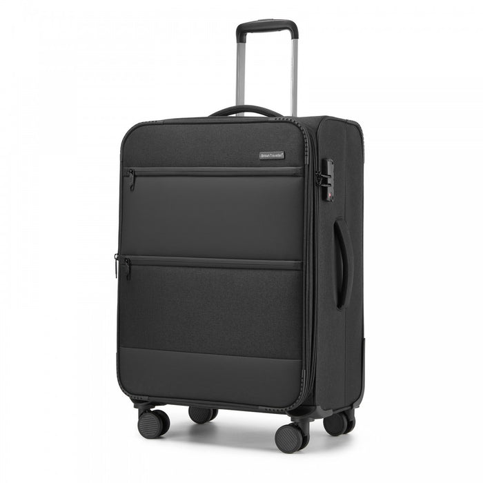 KSB2597 - British Traveller Sleek Tough 24 Inch Travel Soft-Shell Suitcase with Silent TPE Spinners, TSA Security and Expandable Capacity - Black