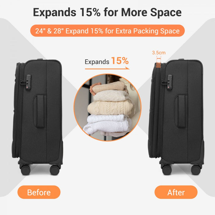 KSB2597 - British Traveller Sleek Tough 28 Inch Travel Soft-Shell Suitcase with Silent TPE Spinners, TSA Security and Expandable Capacity - Black