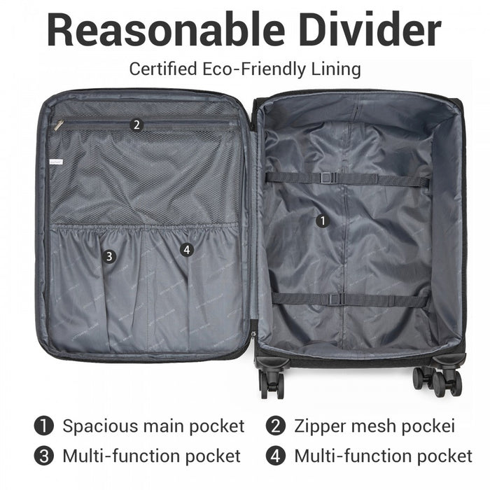 KSB2597 - British Traveller Sleek Tough 24 Inch Travel Soft-Shell Suitcase with Silent TPE Spinners, TSA Security and Expandable Capacity - Black