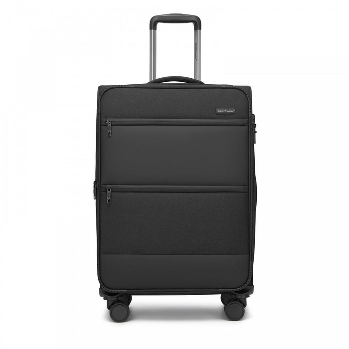 KSB2597 - British Traveller Sleek Tough 24 Inch Travel Soft-Shell Suitcase with Silent TPE Spinners, TSA Security and Expandable Capacity - Black