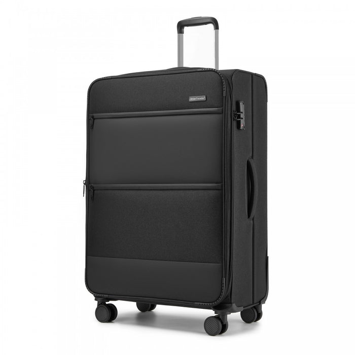 KSB2597 - British Traveller Sleek Tough 28 Inch Travel Soft-Shell Suitcase with Silent TPE Spinners, TSA Security and Expandable Capacity - Black