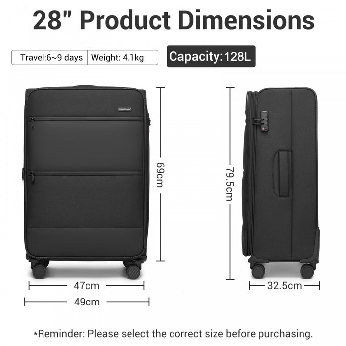 KSB2597 - British Traveller Sleek Tough 28 Inch Travel Soft-Shell Suitcase with Silent TPE Spinners, TSA Security and Expandable Capacity - Black