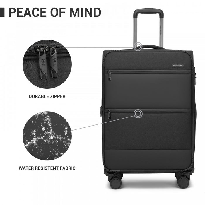 KSB2597 - British Traveller Sleek Tough 28 Inch Travel Soft-Shell Suitcase with Silent TPE Spinners, TSA Security and Expandable Capacity - Black