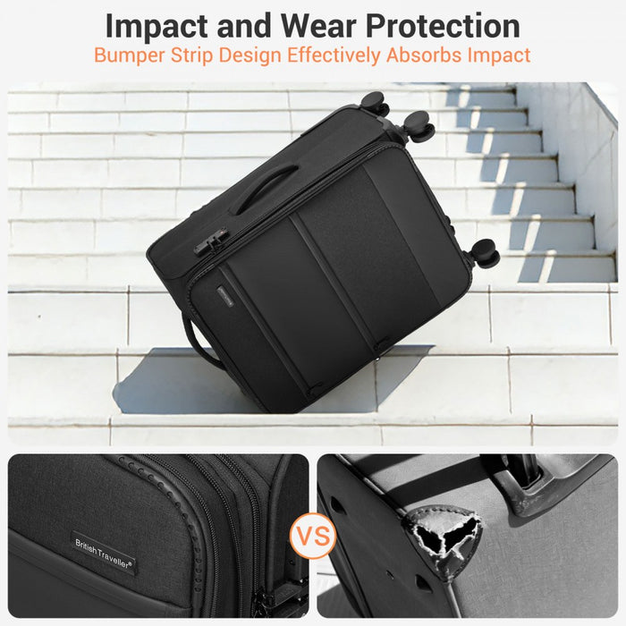 KSB2597 - British Traveller Sleek Tough 28 Inch Travel Soft-Shell Suitcase with Silent TPE Spinners, TSA Security and Expandable Capacity - Black