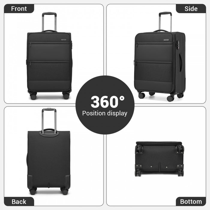 KSB2597 - British Traveller Sleek Tough 24 Inch Travel Soft-Shell Suitcase with Silent TPE Spinners, TSA Security and Expandable Capacity - Black