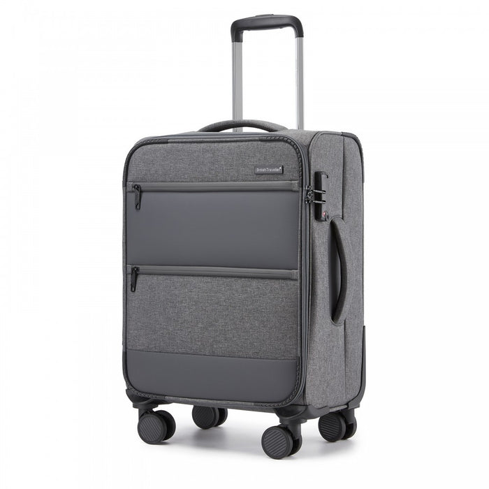 KSB2597 - British Traveller Sleek Tough 20 Inch Travel Soft-Shell Suitcase with Silent TPE Spinners, TSA Security and Laptop Sleeve - Grey