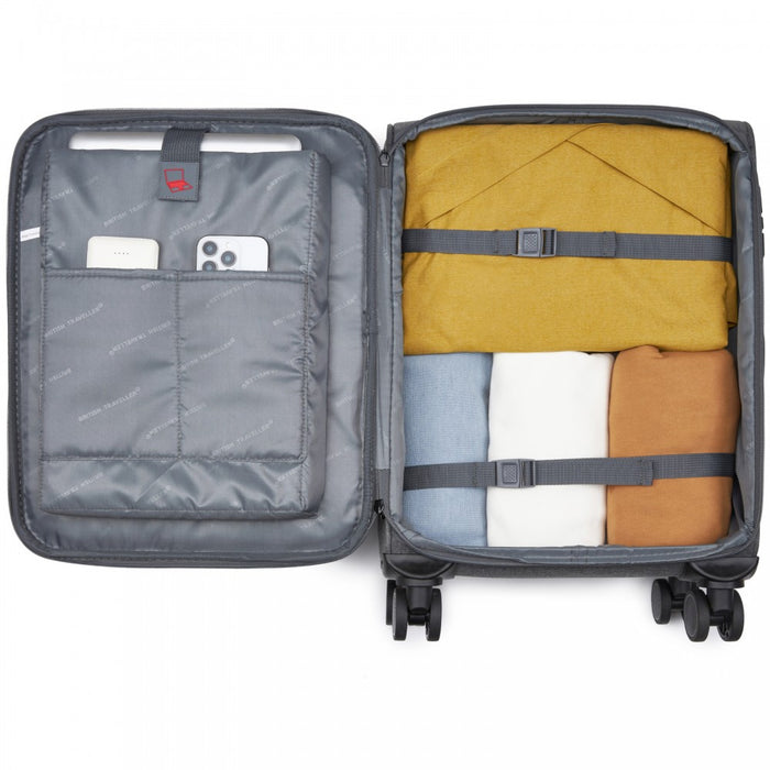 KSB2597 - British Traveller Sleek Tough 20 Inch Travel Soft-Shell Suitcase with Silent TPE Spinners, TSA Security and Laptop Sleeve - Grey
