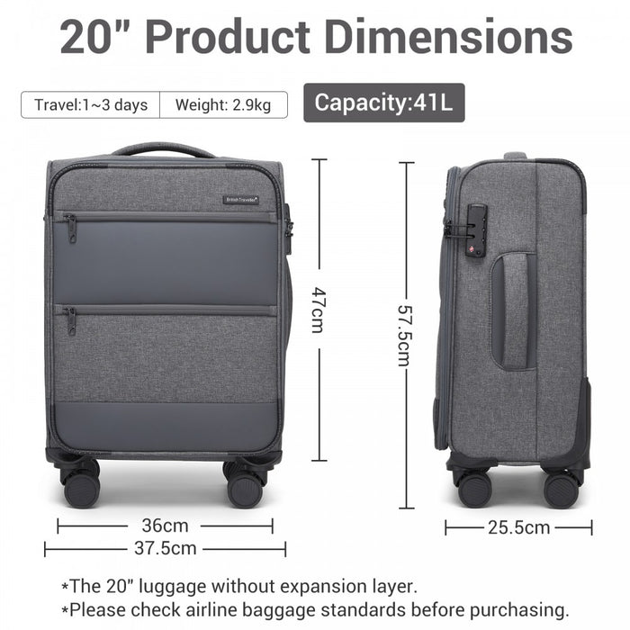 KSB2597 - British Traveller Sleek Tough 20 Inch Travel Soft-Shell Suitcase with Silent TPE Spinners, TSA Security and Laptop Sleeve - Grey