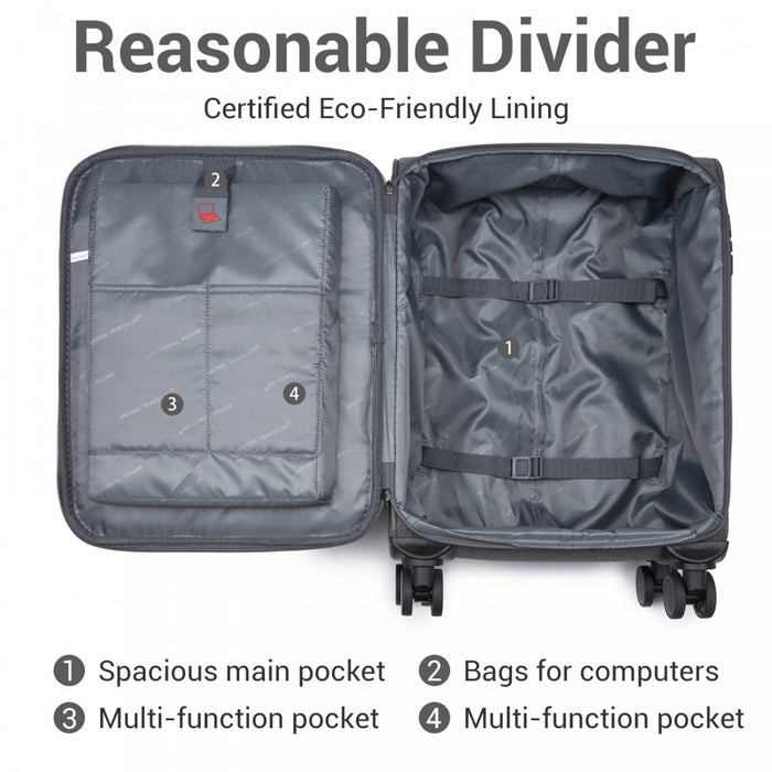 KSB2597 - British Traveller Sleek Tough 20 Inch Travel Soft-Shell Suitcase with Silent TPE Spinners, TSA Security and Laptop Sleeve - Grey
