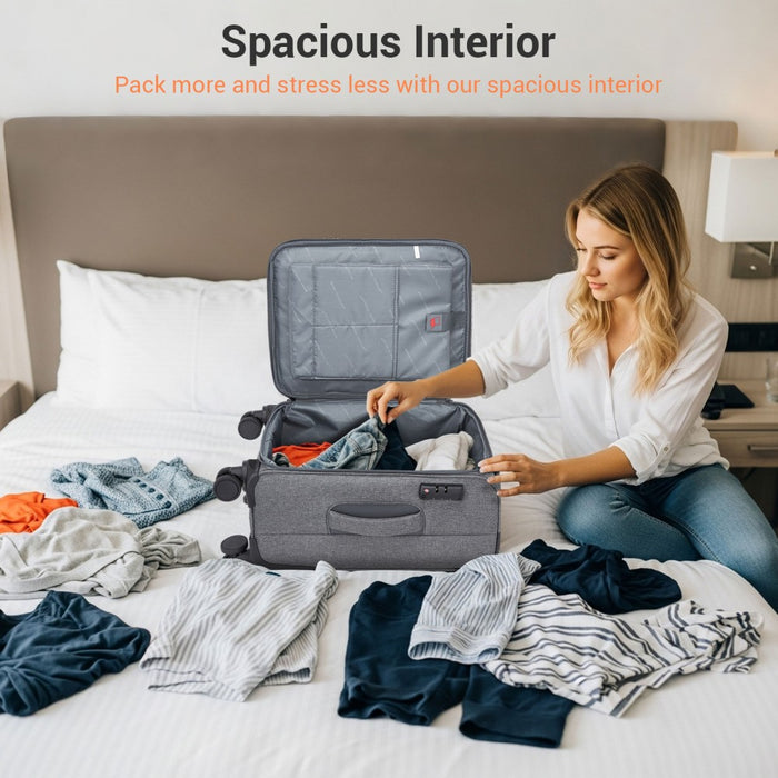 KSB2597 - British Traveller Sleek Tough 20 Inch Travel Soft-Shell Suitcase with Silent TPE Spinners, TSA Security and Laptop Sleeve - Grey