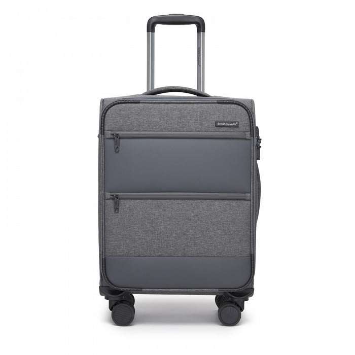 KSB2597 - British Traveller Sleek Tough 20 Inch Travel Soft-Shell Suitcase with Silent TPE Spinners, TSA Security and Laptop Sleeve - Grey