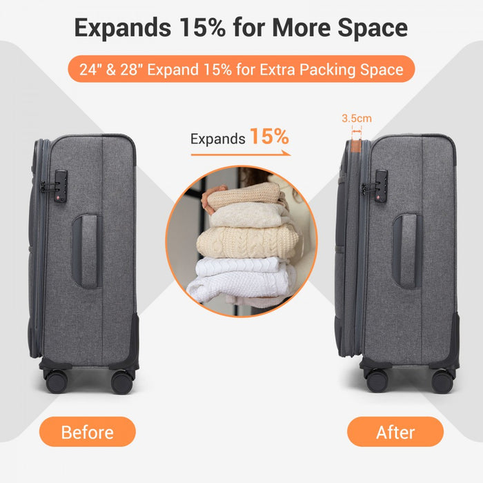 KSB2597 - British Traveller Sleek Tough 28 Inch Travel Soft-Shell Suitcase with Silent TPE Spinners, TSA Security and Expandable Capacity - Grey