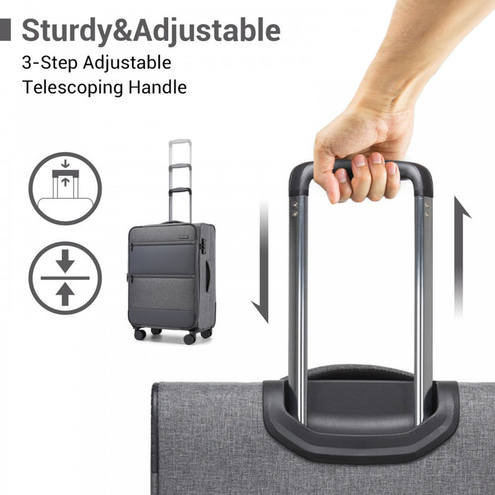 KSB2597 - British Traveller Sleek Tough 28 Inch Travel Soft-Shell Suitcase with Silent TPE Spinners, TSA Security and Expandable Capacity - Grey