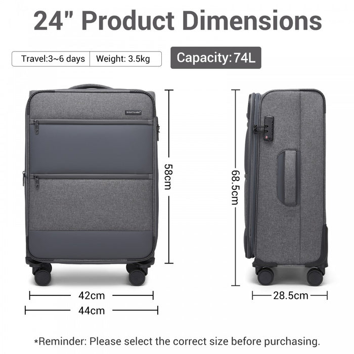 KSB2597 - British Traveller Sleek Tough 24 Inch Travel Soft-Shell Suitcase with Silent TPE Spinners, TSA Security and Expandable Capacity - Grey