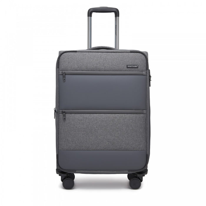 KSB2597 - British Traveller Sleek Tough 24 Inch Travel Soft-Shell Suitcase with Silent TPE Spinners, TSA Security and Expandable Capacity - Grey