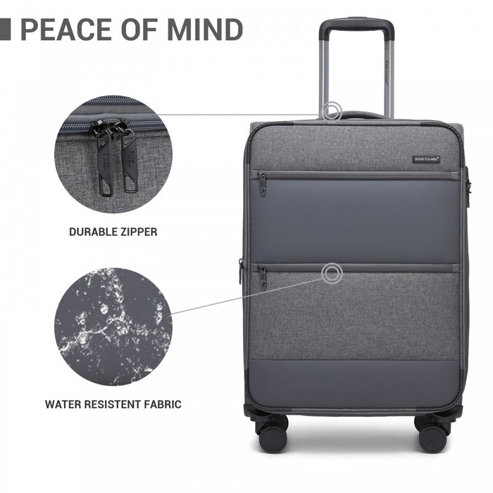 KSB2597 - British Traveller Sleek Tough 20 Inch Travel Soft-Shell Suitcase with Silent TPE Spinners, TSA Security and Laptop Sleeve - Grey