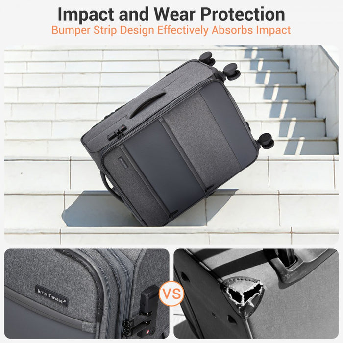 KSB2597 - British Traveller Sleek Tough 20 Inch Travel Soft-Shell Suitcase with Silent TPE Spinners, TSA Security and Laptop Sleeve - Grey