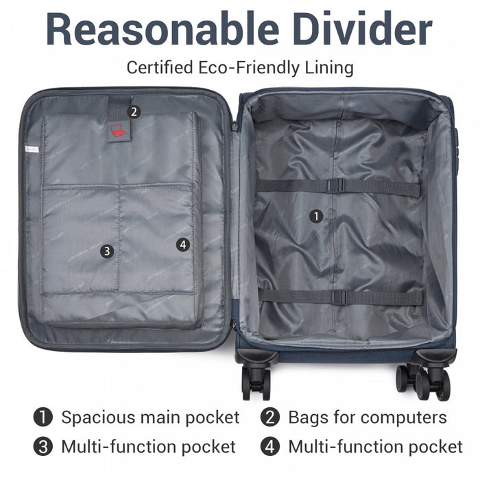 KSB2597 - British Traveller Sleek Tough 20 Inch Travel Soft-Shell Suitcase with Silent TPE Spinners, TSA Security and Laptop Sleeve - Navy