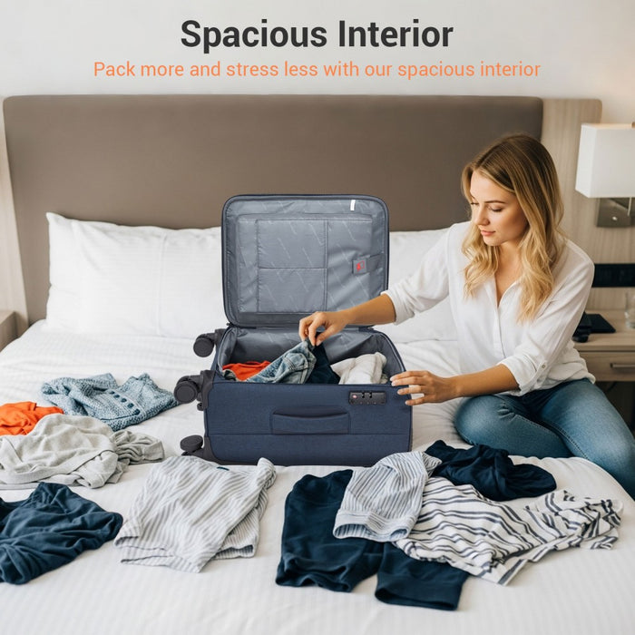 KSB2597 - British Traveller Sleek Tough 20 Inch Travel Soft-Shell Suitcase with Silent TPE Spinners, TSA Security and Laptop Sleeve - Navy