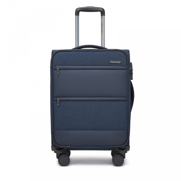 KSB2597 - British Traveller Sleek Tough 20 Inch Travel Soft-Shell Suitcase with Silent TPE Spinners, TSA Security and Laptop Sleeve - Navy