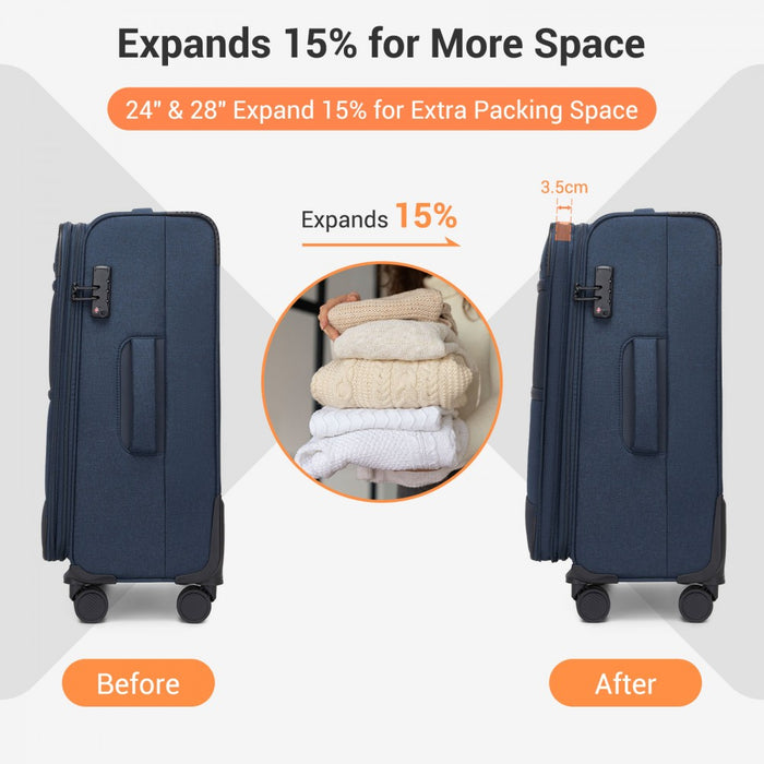 KSB2597 - British Traveller Sleek Tough 28 Inch Travel Soft-Shell Suitcase with Silent TPE Spinners, TSA Security and Expandable Capacity - Navy