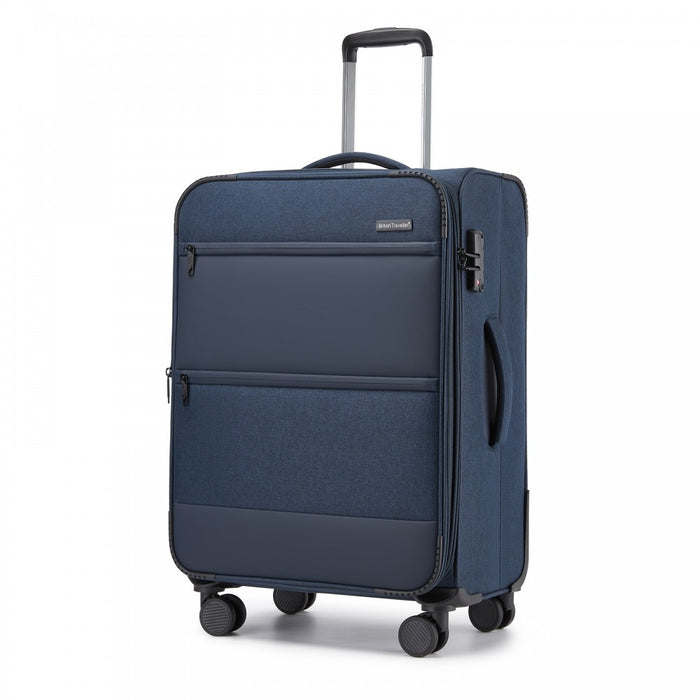 KSB2597 - British Traveller Sleek Tough 24 Inch Travel Soft-Shell Suitcase with Silent TPE Spinners, TSA Security and Expandable Capacity - Navy