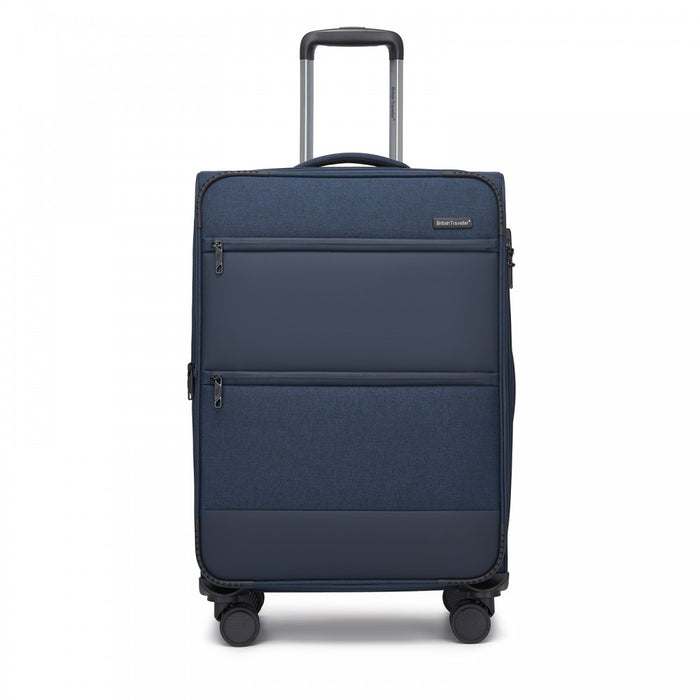KSB2597 - British Traveller Sleek Tough 24 Inch Travel Soft-Shell Suitcase with Silent TPE Spinners, TSA Security and Expandable Capacity - Navy
