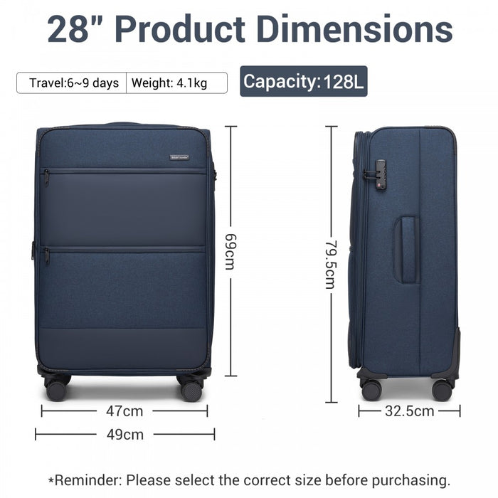 KSB2597 - British Traveller Sleek Tough 28 Inch Travel Soft-Shell Suitcase with Silent TPE Spinners, TSA Security and Expandable Capacity - Navy