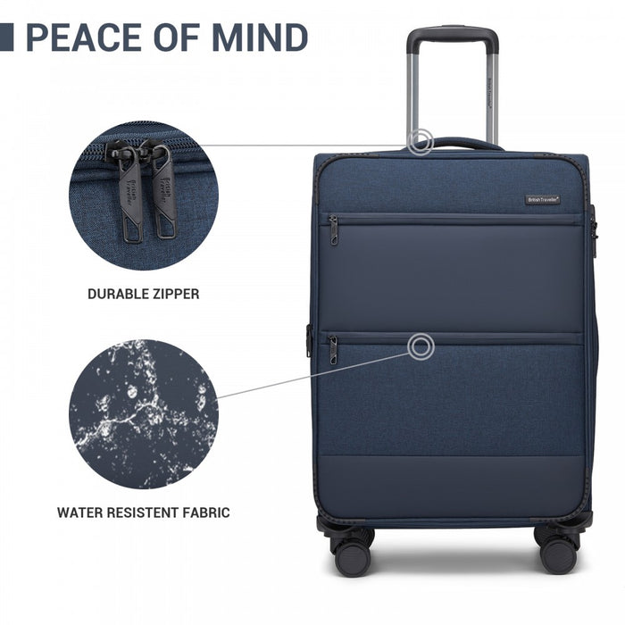 KSB2597 - British Traveller Sleek Tough 20 Inch Travel Soft-Shell Suitcase with Silent TPE Spinners, TSA Security and Laptop Sleeve - Navy