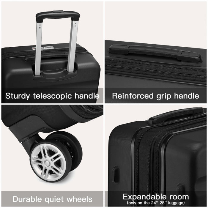 KSK2482 - Kono 3-Piece Horizontal Engraved Hard Shell ABS+PC Suitcase with TSA Lock - Black
