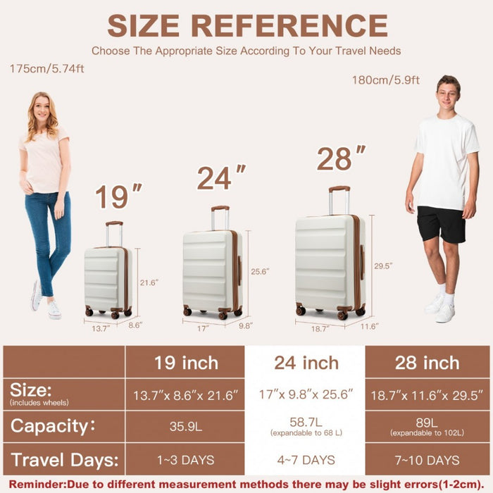 KSK2482 - Kono 24 Inch Expandable Horizontal Engraved Hard Shell ABS+PC Check-In Suitcase with TSA Lock - Cream