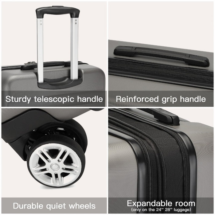 KSK2482 - Kono 28 Inch Expandable Horizontal Engraved Hard Shell ABS+PC Check-In Suitcase with TSA Lock - Grey