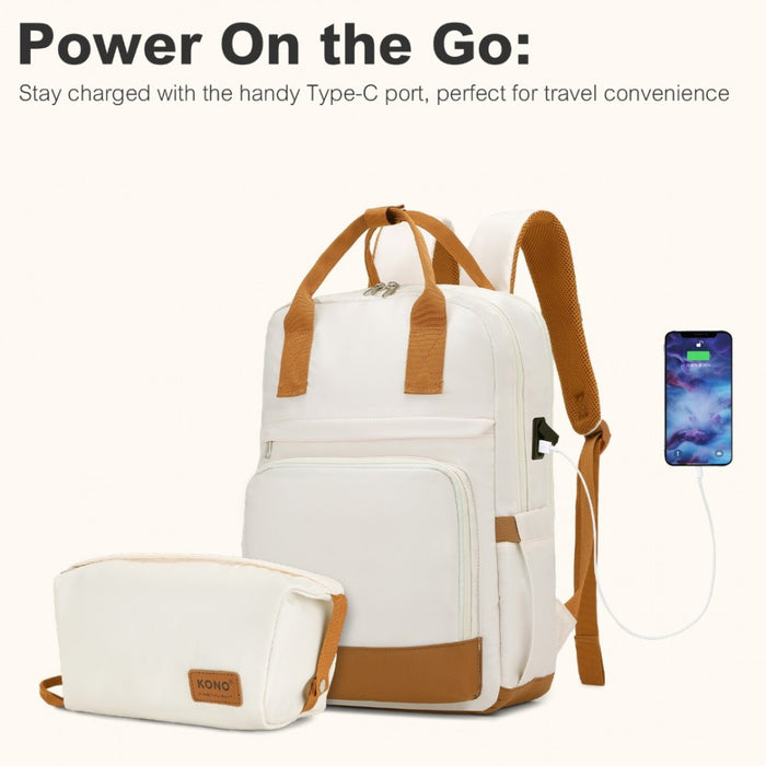 KSK2484+EQ2401 - Kono 20 Inch Stylish Hard Shell ABS+PC Cabin Suitcase Included Multi-Compartment Backpack with Small Pouch 3 Piece Travel Set - Cream And Brown