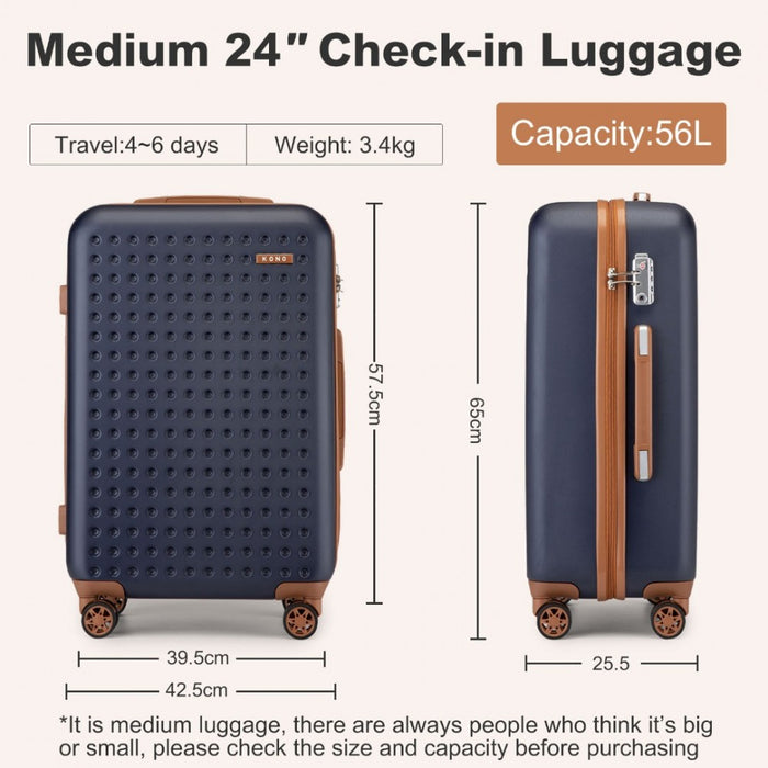 KSK2486 - Kono Stylish ABS+PC Polka Dot Hard Shell Suitcase With TSA Lock And Vanity Case 4 Piece Set - Navy And Brown