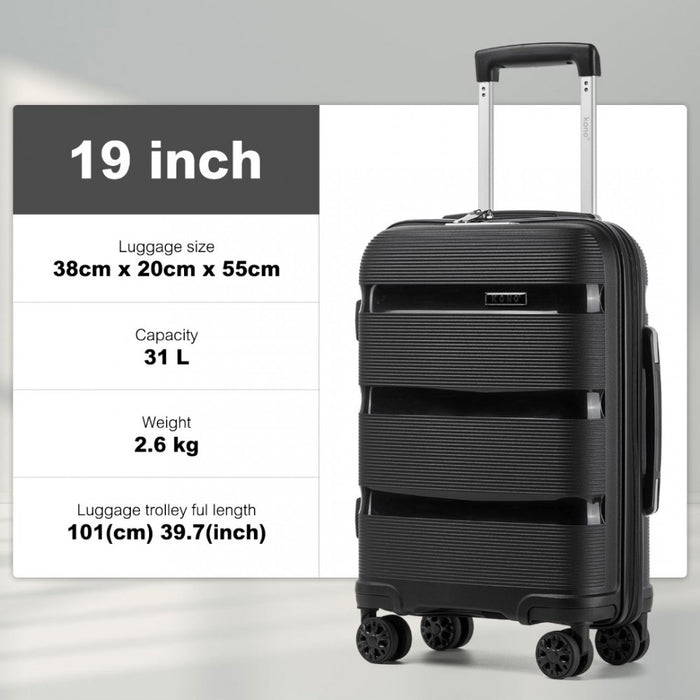 KSK2492 - Kono 19-Inch PP Hardshell Carry-On Suitcase–Lightweight Cabin Luggage with TSA Lock, 360° Silent Spinner Wheels - Black