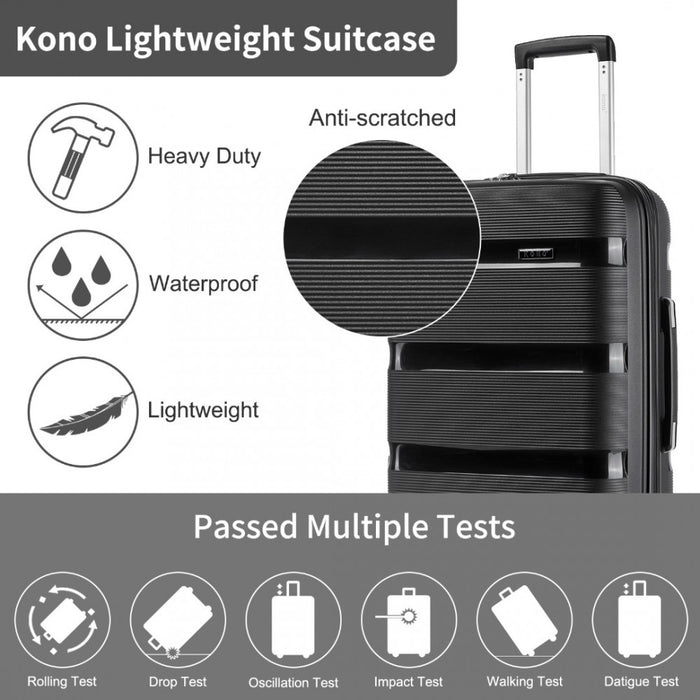 KSK2492 - Kono 19-Inch PP Hardshell Carry-On Suitcase–Lightweight Cabin Luggage with TSA Lock, 360° Silent Spinner Wheels - Black