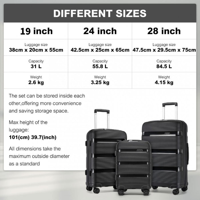 KSK2492 - Kono 3-Piece PP Hardshell Luggage Set–Durable Travel Suitcases with TSA Lock, 360° Spinner Wheels - Black