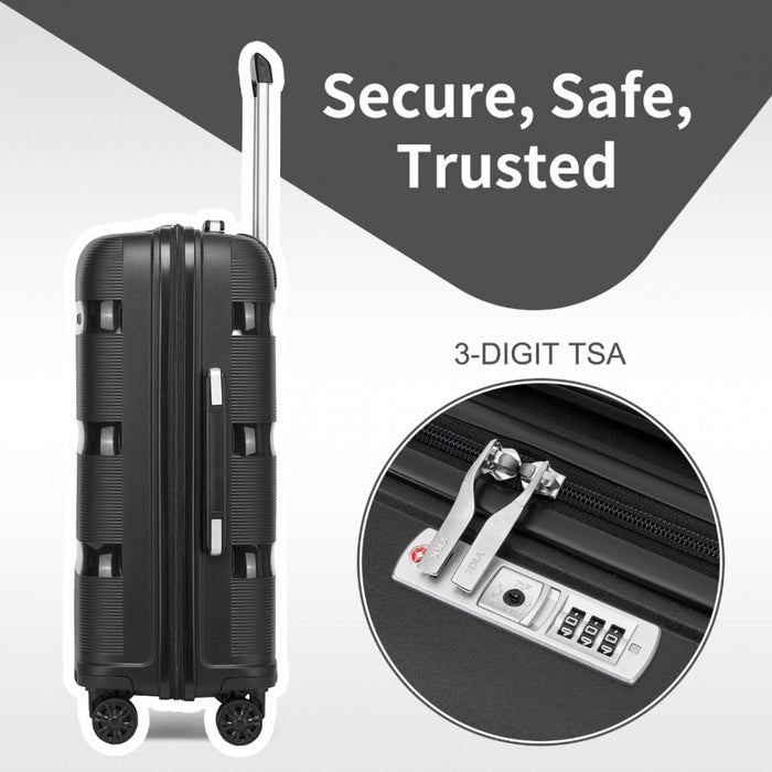 KSK2492 - Kono 3-Piece PP Hardshell Luggage Set–Durable Travel Suitcases with TSA Lock, 360° Spinner Wheels - Black